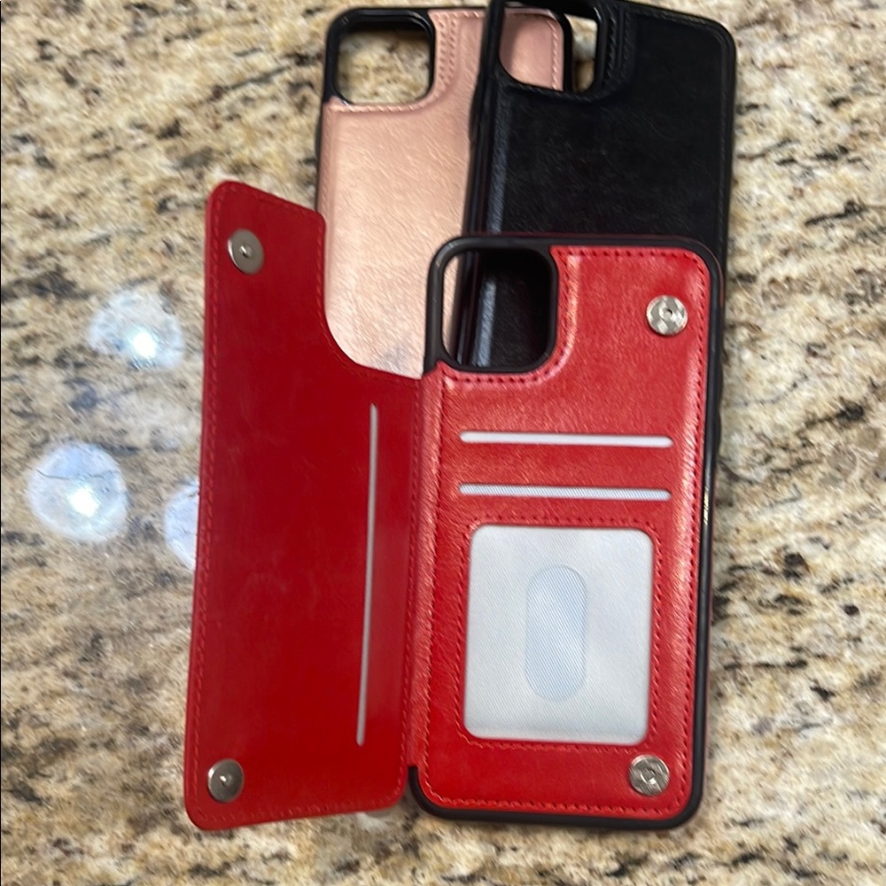 Faux Leather Wallet Phone Case - Black and Red and rose gold